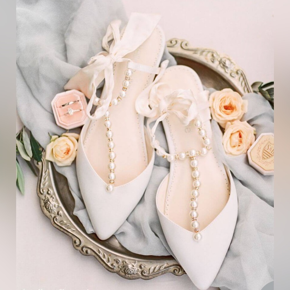 Bella Belle Lulu T-Strap Crystal and Pearl Flats for Wedding with Ankle Bow